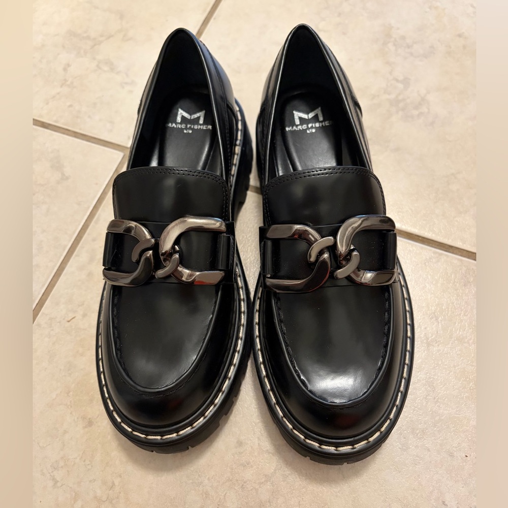 Marc Fisher Black Trisca Loafers with Silver Accents